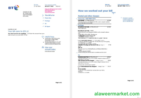 United Kingdom BT business utility bill template in Word and PDF formats, 2 pages